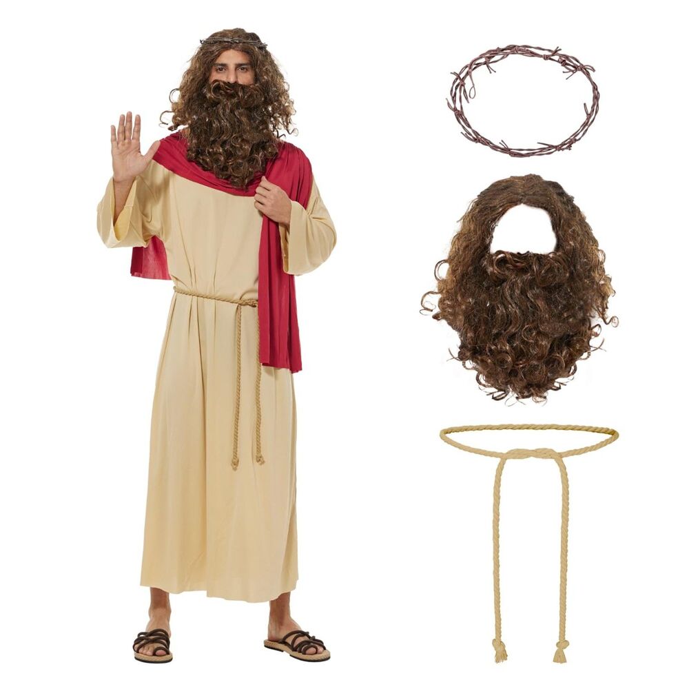 Jesus Costume Set, Tunic robe, beard, wig, belt and crown of thorns